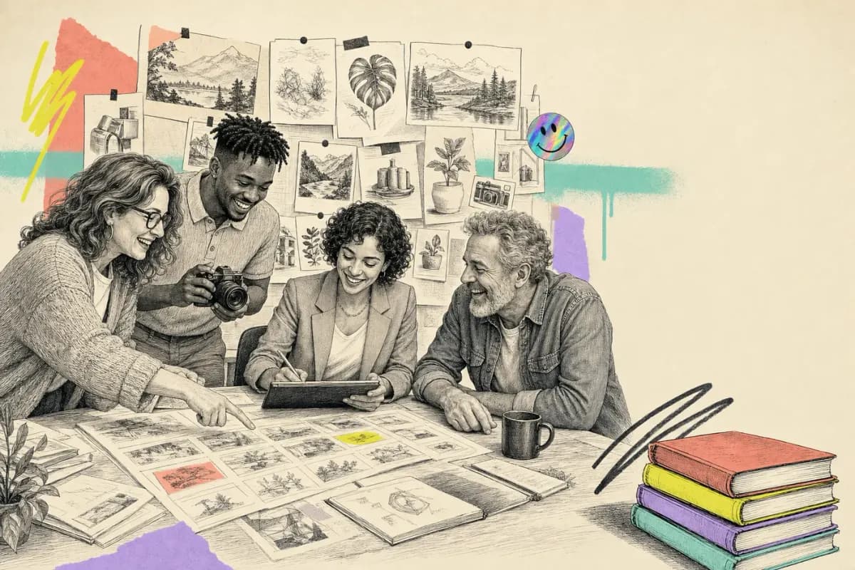 Dans un studio lumineux, quatre collègues préparent ensemble une leçon autour d’une grande table : storyboard au mur, petite caméra, tablette et pile de classiques.