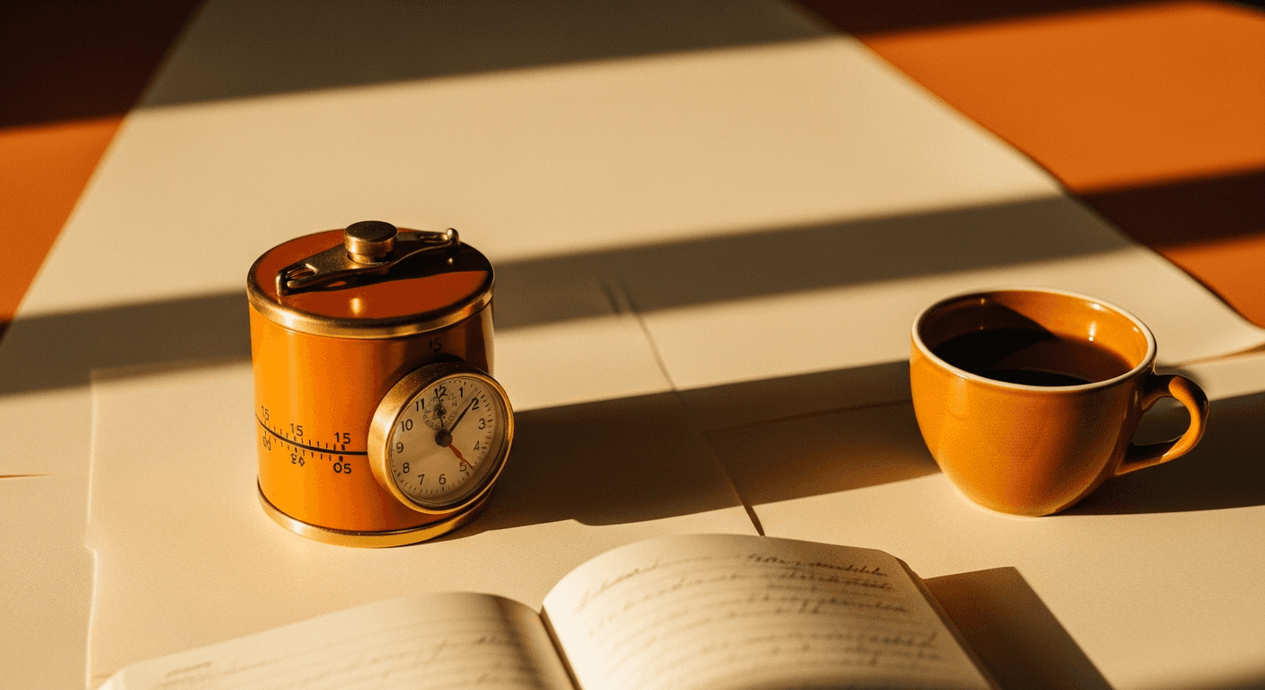 Minuteur de cuisine mécanique amber posé sur un cahier ouvert avec tasse de café