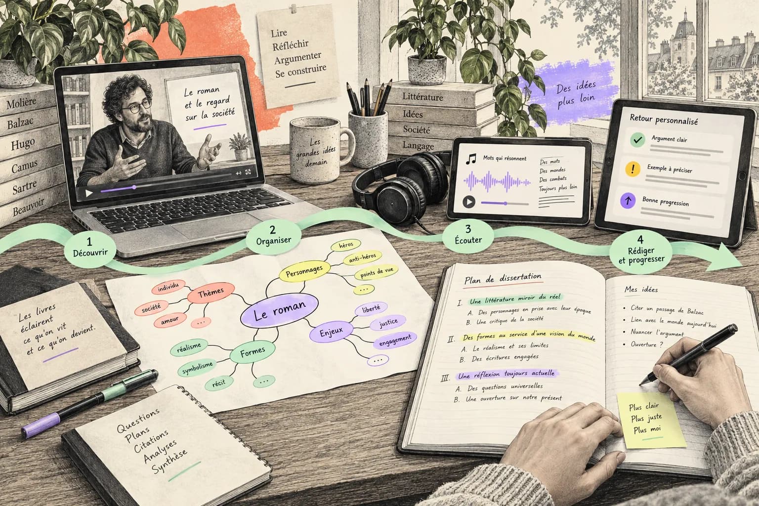 Sur un bureau, un parcours en quatre étapes relie une leçon vidéo, une mind map, une chanson à écouter et un plan de dissertation qu’une main est en train de rédiger.
