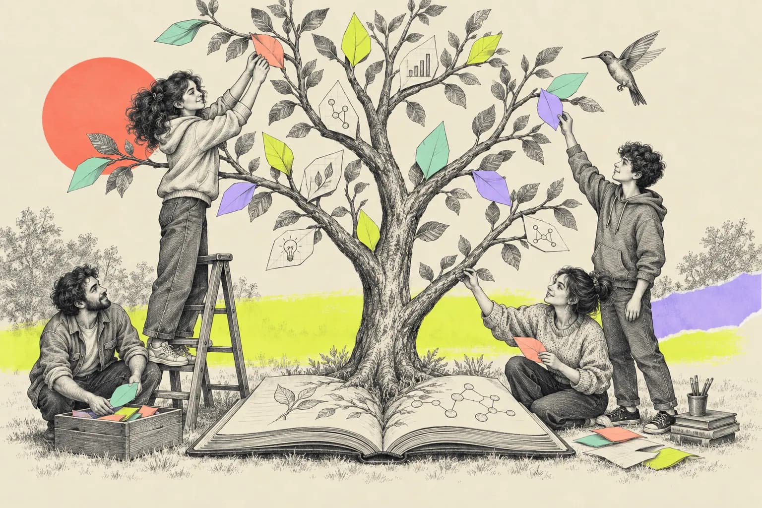 Un arbre pousse d’un grand livre ouvert ; quatre jeunes y accrochent des feuilles de couleur, l’une perchée sur un escabeau, sous le regard d’un colibri.