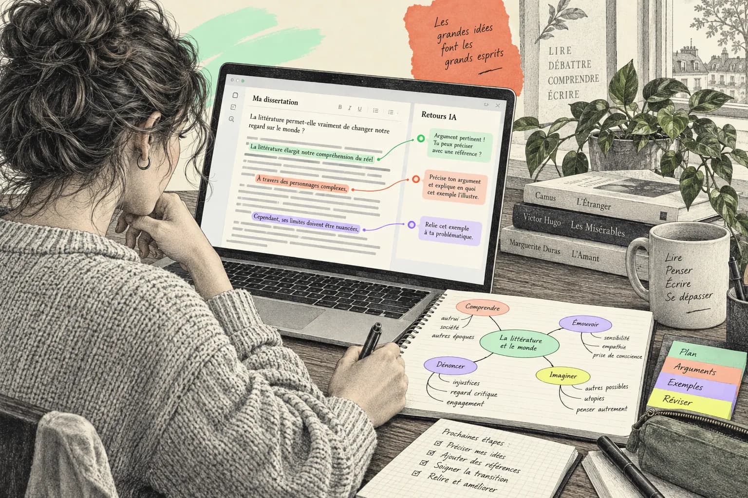 Une élève relit sa dissertation à l’écran ; à côté du texte, trois retours ciblés pointent un argument qui tient, un exemple à préciser et un lien à faire avec la problématique.