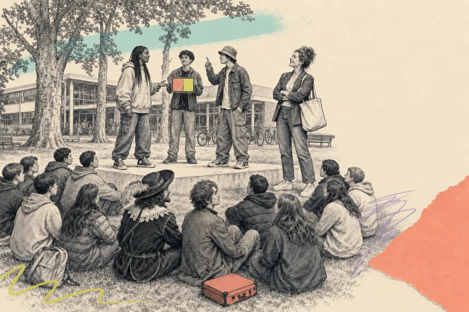Sur une estrade en plein air, trois jeunes présentent une idée à un groupe assis dans l’herbe ; l’un d’eux montre une carte colorée.