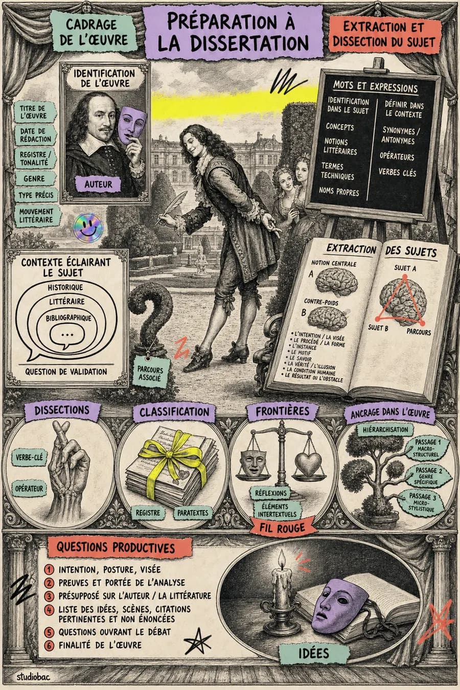 Carte de la dissertation dans le monde du Menteur : les Tuileries, Dorante qui s’incline les doigts croisés, Corneille et son masque, et chaque étape de la méthode posée dans le décor.