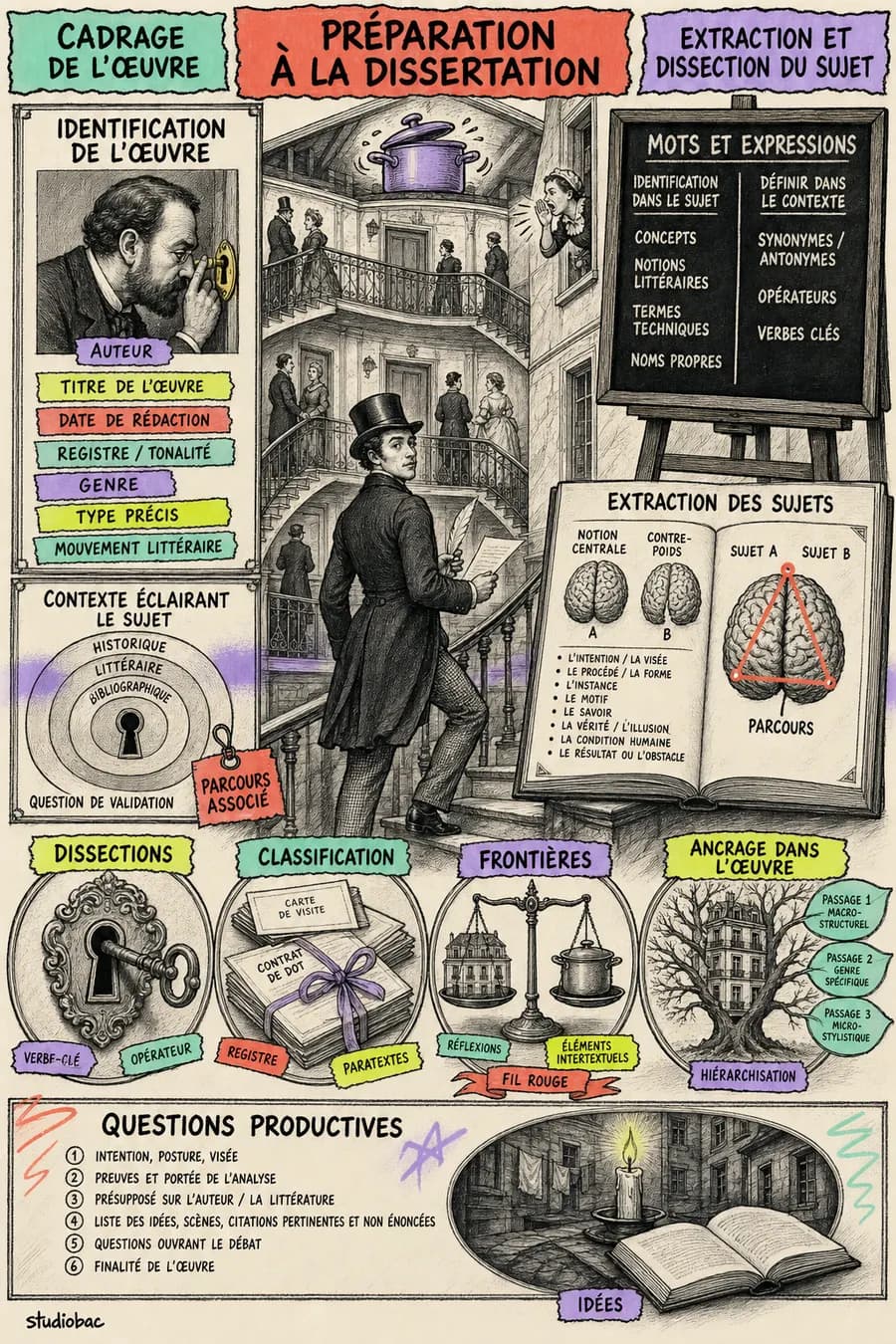 Carte de la dissertation dans le monde de Pot-Bouille : l’escalier de la rue de Choiseul, Octave qui monte, Zola à la serrure, et chaque étape de la méthode posée dans le décor.