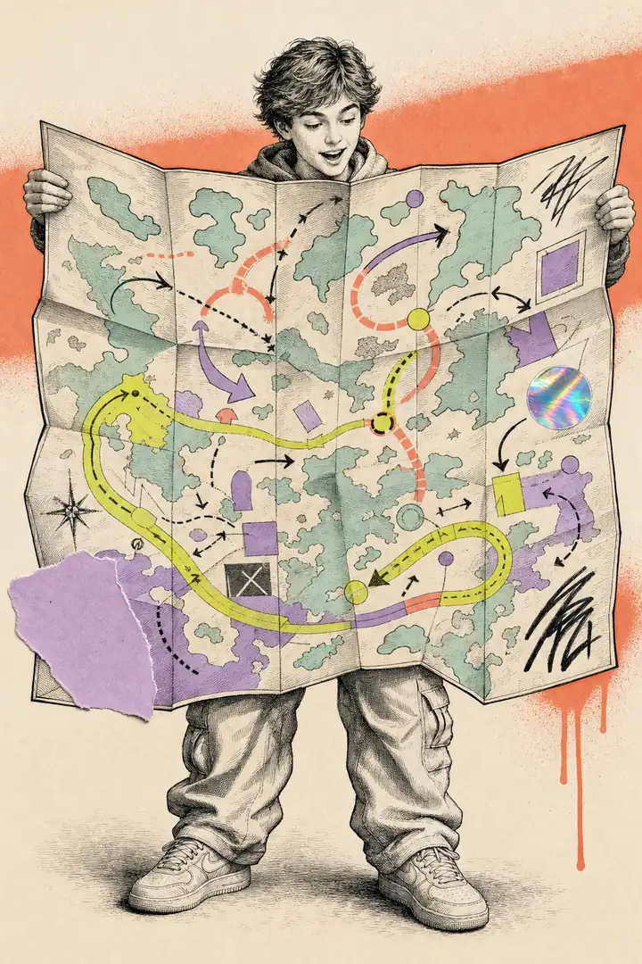 Un lycéen déplie une immense carte dessinée qui remplit le cadre, routes citron et lilas, flèches corail