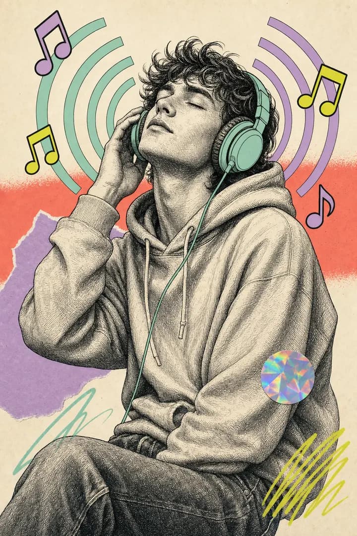 Un lycéen au casque, yeux fermés, des arcs sonores et des notes de musique jaillissent des écouteurs