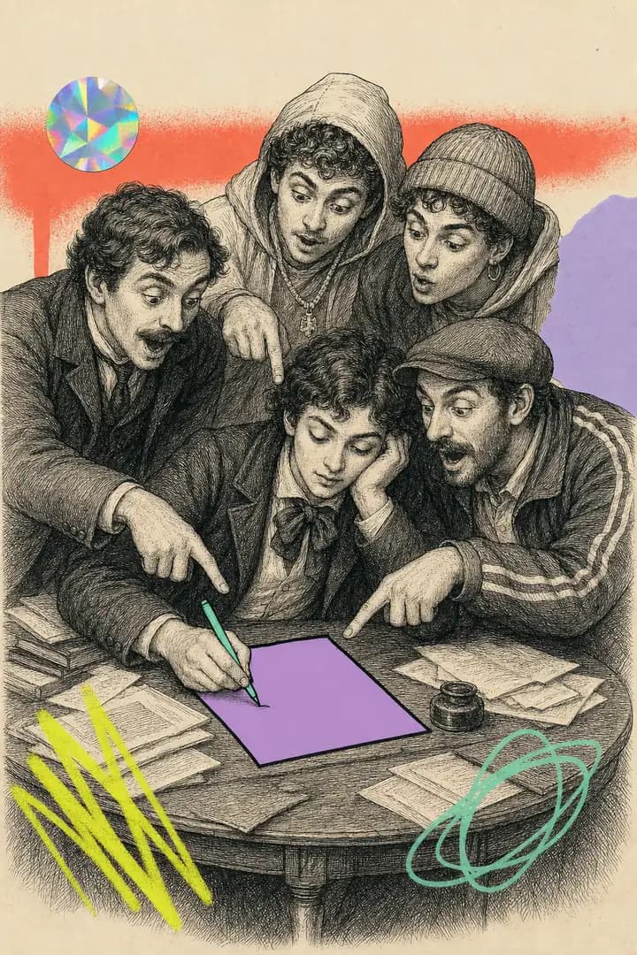 Un lycéen écrit à une table ronde, quatre personnages penchés par-dessus son épaule commentent sa copie