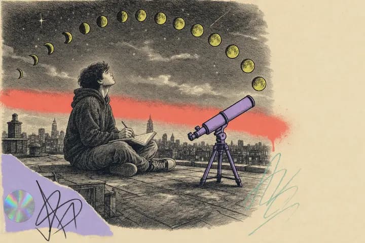 Un lycéen assis sur un toit écrit dans son cahier près d’une lunette astronomique, sous un arc de douze lunes tracé dans le ciel de la ville.