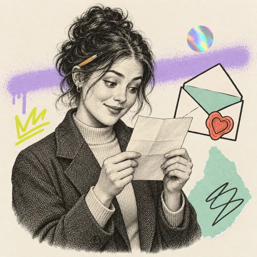 Gravure remixée : une jeune femme lit une lettre manuscrite avec un sourire ravi, une enveloppe scellée d’un cœur à côté.