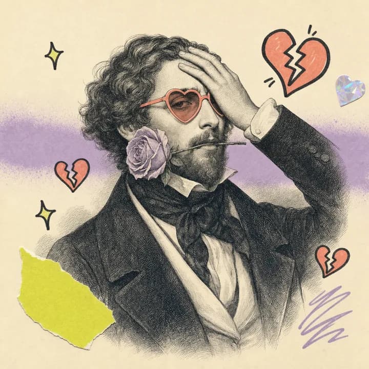 Musset avec des lunettes cœur et une rose entre les dents