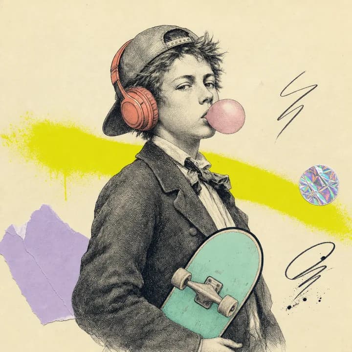 Rimbaud, casquette à l’envers, casque, chewing-gum, skate