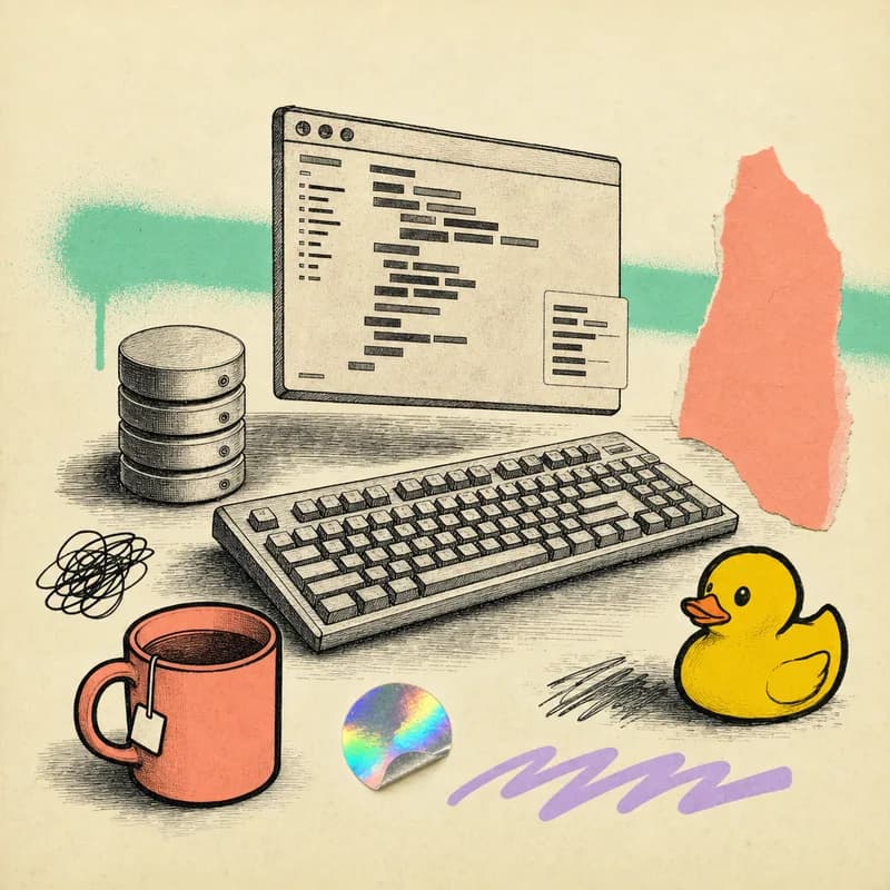 Un bureau de développement vu de haut : clavier mécanique, fenêtre de blocs de code abstraits et petite base de données dessinée en pile de disques, avec un canard jaune.
