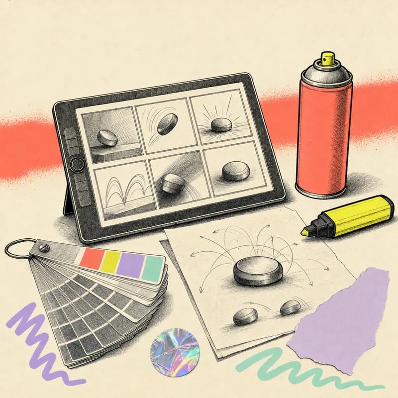 Un plan de travail de design : tablette graphique avec un storyboard en six cases, nuancier déployé et courbes de mouvement tracées au marqueur autour d’un bouton.