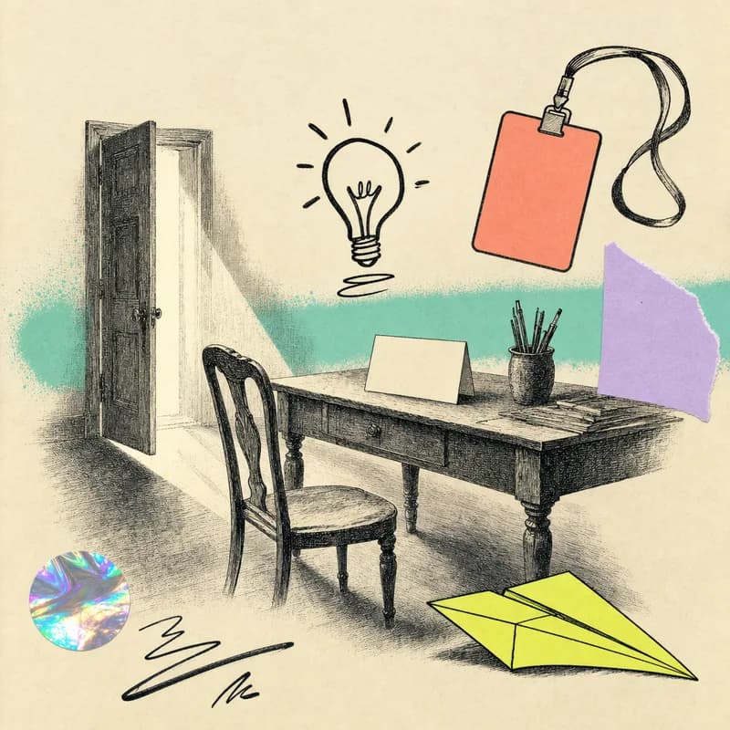 Une chaise vide tirée à une table de studio, un carton de nom vierge, une ampoule dessinée au marqueur et une porte entrouverte.