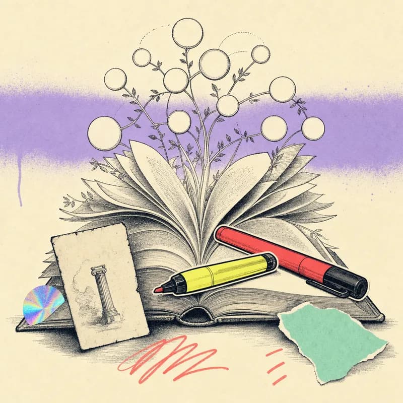 Un roman classique ouvert dont les pages se prolongent en carte mentale dessinée à la main, une fiche de question de bac appuyée contre le livre.